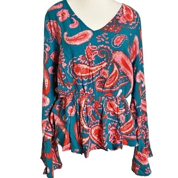 Emily Wonder Tops - Emily Wonder Green and Pink Paisley Print V-Neck Long Sleeve Top